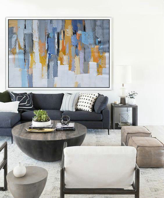 Handmade Large Painting,Oversized Horizontal Contemporary Art,Acrylic Painting On Canvas,White,Grey,Blue,Yellow.etc
